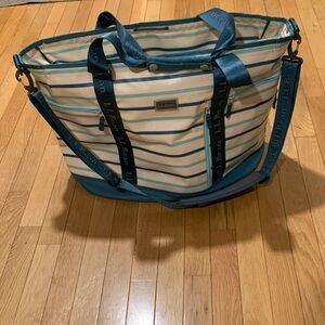 L.L. Bean Cream and Teal Striped Tote with Shoulder Strap